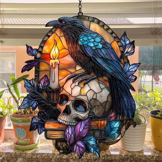 Raven and Skull Acrylic Suncatcher Stained Glass Effect Window Car Hanging Christmas Ornament Indoor Outdoor Decor Garden Sun Catcher Panel for Gothic Lover for Women Mom Grandma