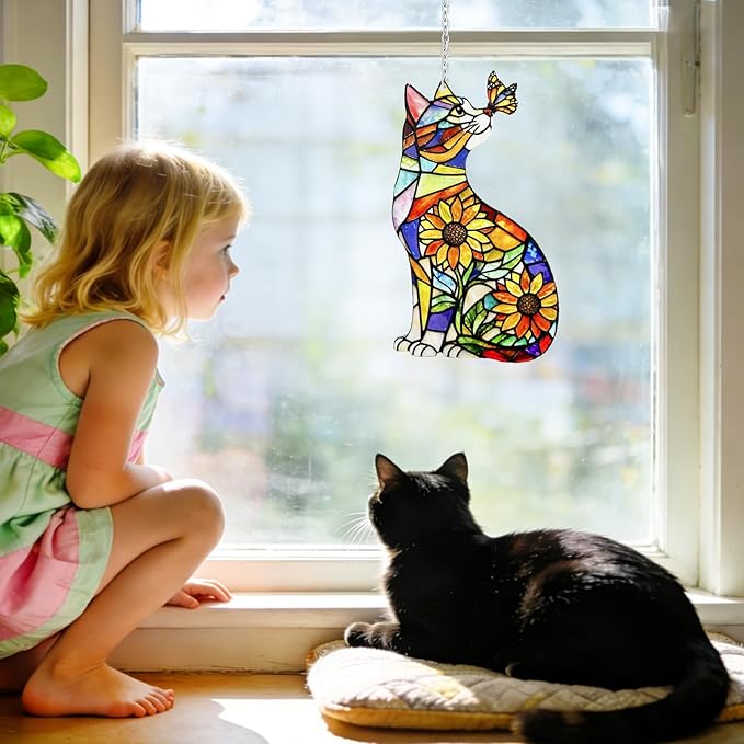 Stained Glass Suncatchers for Windows, Hanging Sun Catchers Indoor Window, Cat Suncatcher for Home Decor, Garden, Patio(UV Printed)