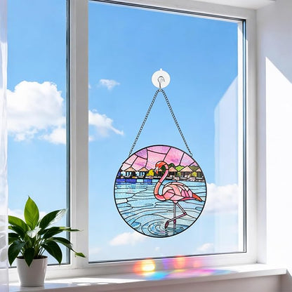 Stained Glass Window Hanging, Flamingo Circular Painted Glass Suncatcher with Chain & Suction Cup for Home Garden Door Decor, Birthday for Women Men Mom 7.8 in