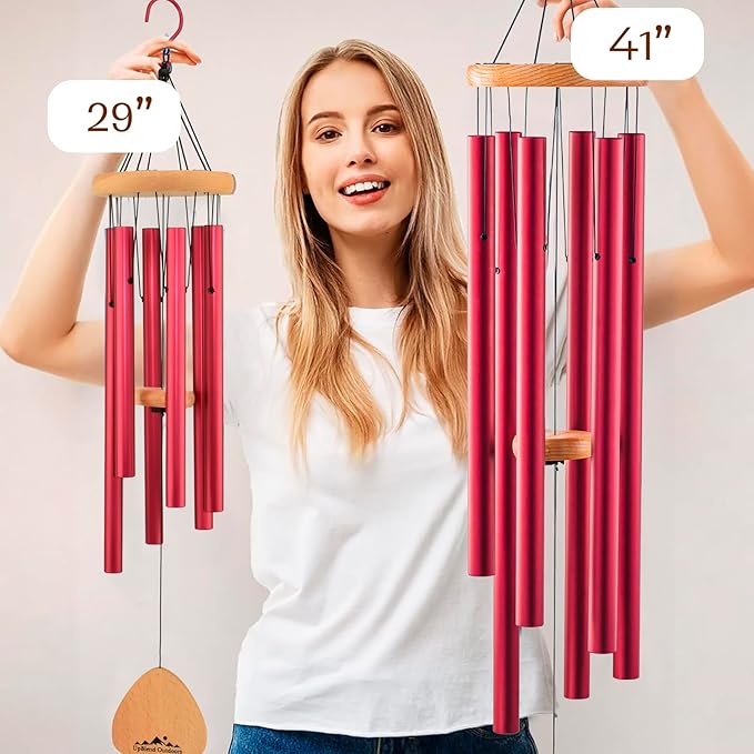 UpBlend XL Wind Chimes for Outside Gift – Deep Tone Wind Chime with Decorative Stone – Garden and Patio Décor for Porch or Yard, Elegant Outdoor Ornament, Meaningful Gift for Neighbors. 41” Red.