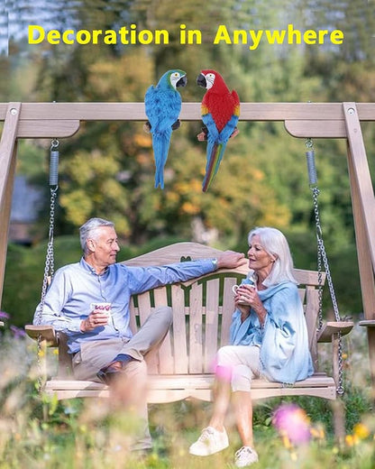 2Pcs Large Parrot Decor Outdoor Tiki Bar Decorations Realistic Parrot Statues for Outside Lifelike Bird Fake Macaw Sculptures Garden Patio Yard Law Tropical Tree Wall Decoration(Blue, Red)