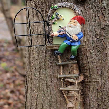 Garden Gnome Window Statue for Trees and Wall, Dwarf Playing Violin Luminous Fairy Garden Miniature Accessories, Glow in The Dark Art Sculpture
