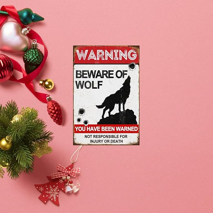 Funny Dark Humor Beware Warning Sign, No Soliciting Wall Decor, Beware of Wolf, Yard Garden Plaque Outdoor for Home Fence 8 X 12 Inches