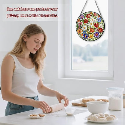 Flower Stained Glass Window Hanging, Suncatcher Diamond Glass Panel Hangings, Wildflower Colorful Sun Catchers Indoor Windows Wall Art, Gift for Mom Grandma, Christmas Decor for Home Office7.87 inches