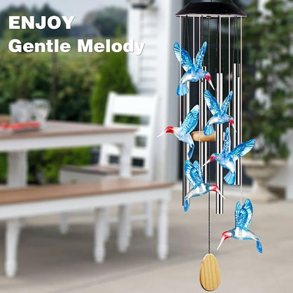 DesGully Wind Chimes,Hummingbird Solar Wind Chimes for Outside Color Changing,4 Aluminum Tubes Wind Bell for Garden/Patio Decor Thanksgiving Gifts for Mom, Wife, Grandma Neighbors(25 Inch Deep Tone)