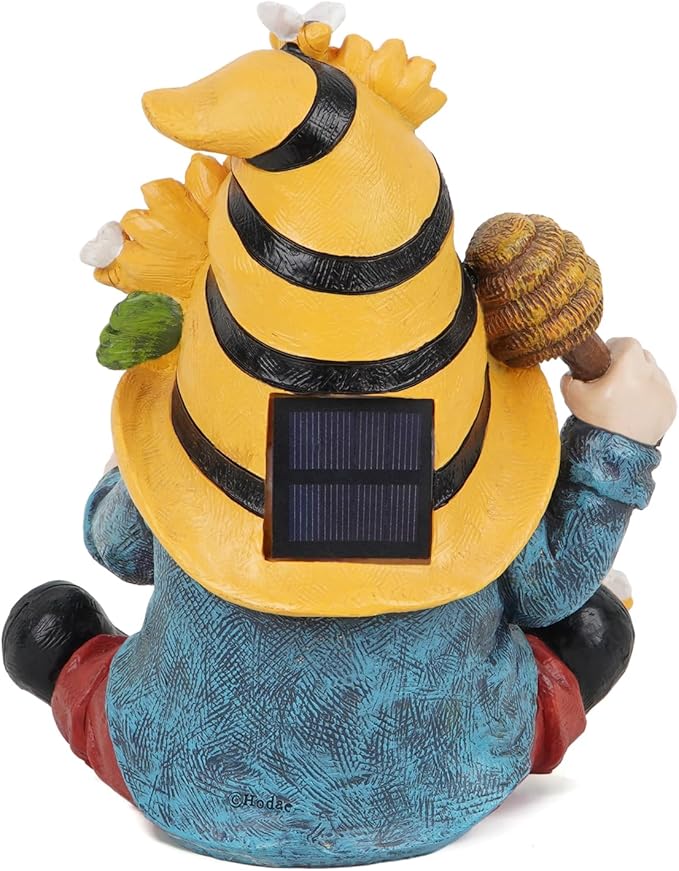 basen Bee Gnome Solar Garden Statue Outdoor Decor, Resin Gnome with Sunflower and Honey Jar, Solar Powered Lighted Yard Lawn Patio Porch Decoration, Waterproof Yard Art