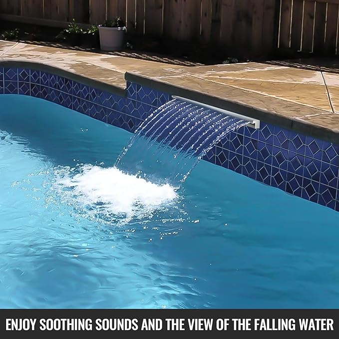 Pool Waterfall Fountains, Stainless Steel Rectangular Pool Waterfall Spillway with Pipe Connector for Indoor/Outdoor Decorative (23.6 Inch)