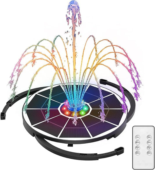AISITIN 5.5W Solar Fountain Bird Bath with LED Colorful Lights & 3000mAh Battery, Remote Control Solar Pump for Fountain with 8 Nozzles, Solar Water Pump for Garden, Pond and Outdoor