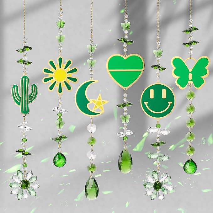 Crystal Sun Catcher Green Rainbow Maker Hanging Suncatchers Window Decor Christmas Ornaments for Tree Gift for Mom Women Set of 6