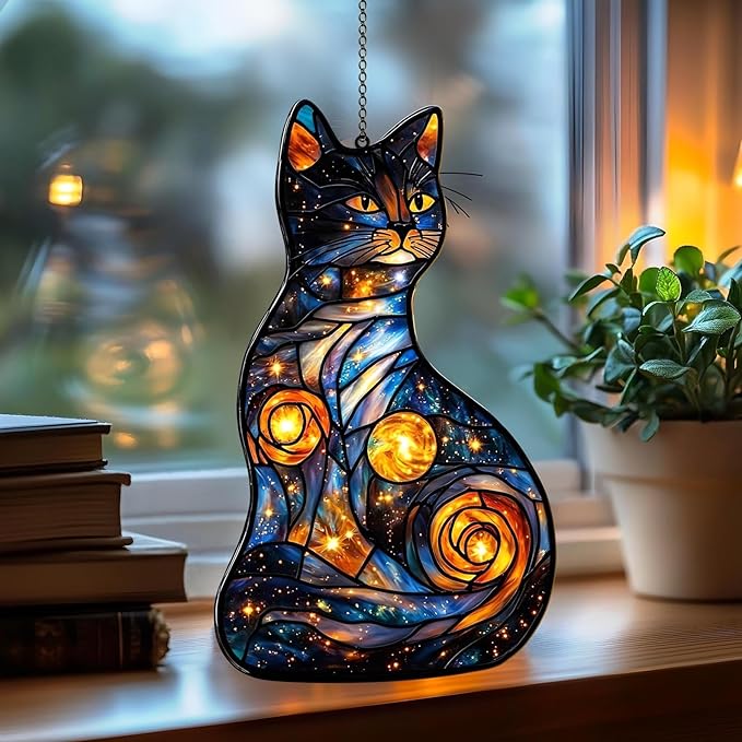 Black Cat and Moon Memorial Suncatcher Light Catcher Window Hanging Home Decoration Lover Gifts Universe Mom Gift Sun Catchers for Windows Acrylic Decorations Outdoor Decor Holiday