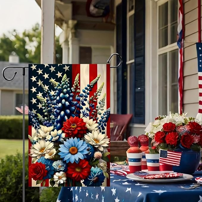 4th of July Patriotic Garden Flag 12x18 Double Sided, Small Burlap Summer Independence Day Floral Garden Flags Memorial Day Fourth of July Decorations Outdoor Yard Flags for Outside Lawn Porch Decor