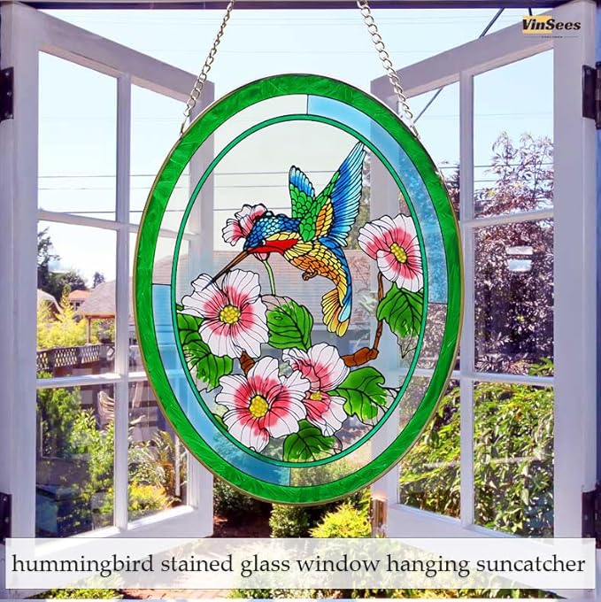 Hummingbird Stained Glass Window Hangings,Suncatcher for Window, Hummingbird and Flowers Hanging Ornament, Stained Glass Panel Home Decorations for Indoor Outdoor