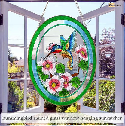 Hummingbird Stained Glass Window Hangings,Suncatcher for Window, Hummingbird and Flowers Hanging Ornament, Stained Glass Panel Home Decorations for Indoor Outdoor