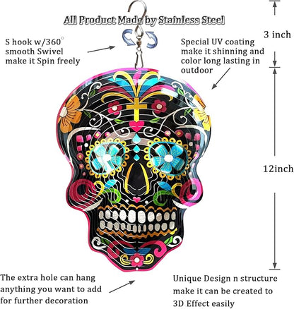 FONMY Kinetic 3D Metal Garden Wind Spinner Unique Gifts Outdoor Decorations Quality Hanging Ornament for Home and Garden 12inch Mandala Black Sugar Skull Wind Spinners