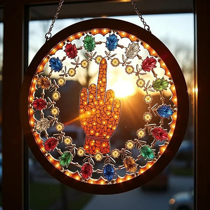 Middle Finger Suncatcher Color Stained Glass Window Hanging, Handmade Acrylic Funny Light Sun Catcher Indoor Outdoor Wall Hanger Ornament, Hand-Painted Glass Panel Decor for Home Office (D)