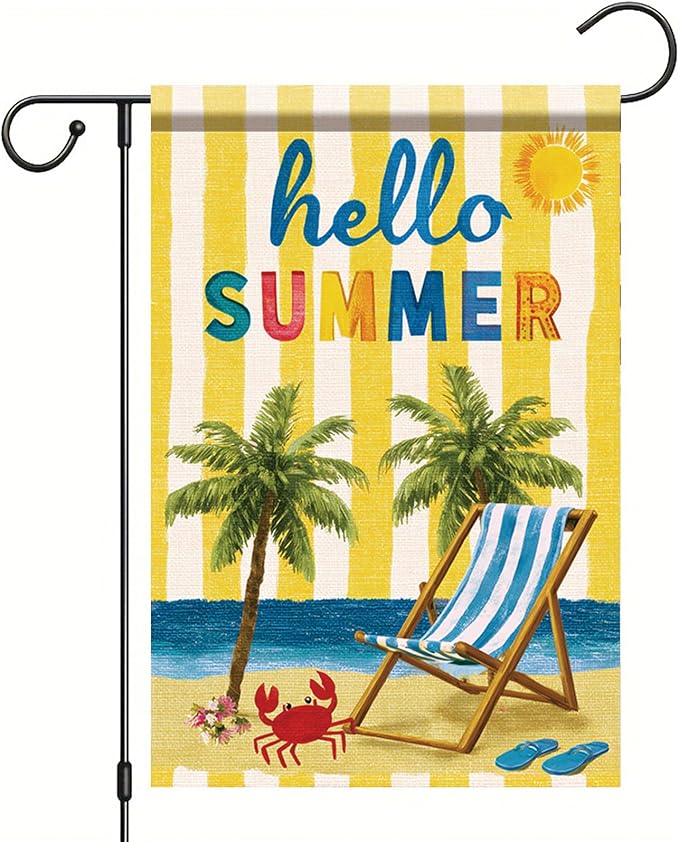 Hello Summer Garden Flag Beach Palm Tree Chair Coastal Outdoor Yard Porch Lawn Garden Decor for Tropical Seaside Patio Cottage Farmhouse Seasonal Summer Home Display