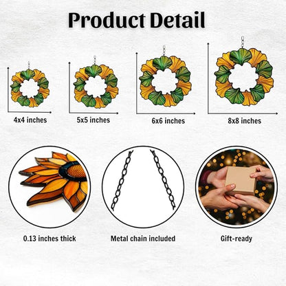 Ginkgo Wreath Acrylic Suncatcher Stained Glass Effect Window Car Hanging Christmas Ornament Indoor Outdoor Decor Garden Sun Catcher Panel for Acrylic Suncatcher Lover for Women Mom Grandma