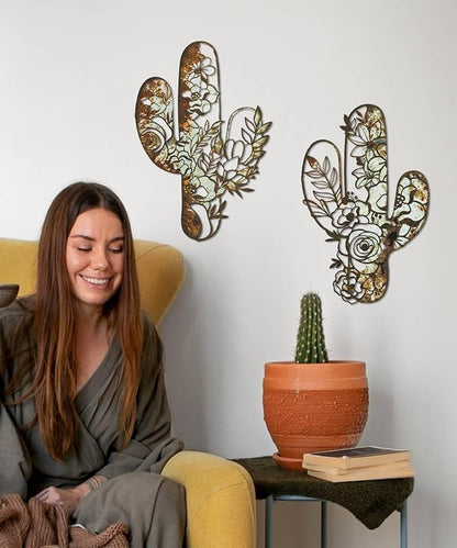 Putuo Decor Cactus Wall Art Set of 2, Rustic Flower Cactus Wall Decor, Floral Nature-Inspired Metal Wall Art for Living Room, Bedroom, Bathroom, Boho Style, 12.2 x 4.6 inches