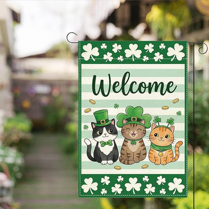 Cat Welcome St Patricks Day Garden Flag Lucky Shamrock Irish March Garden Flag St Patricks Day Double Sided Outdoor House Flag for Outside Yard Decorations 12×18 Inch