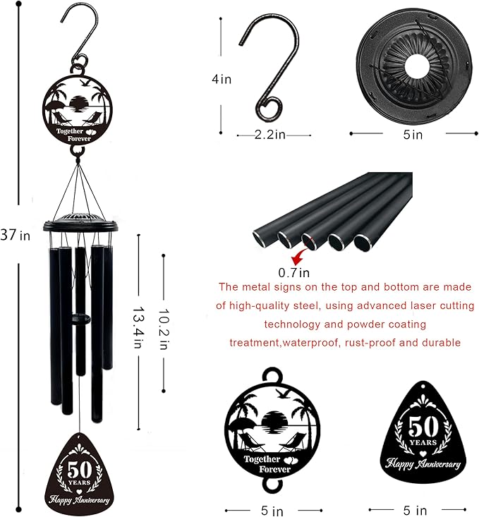 50th Anniversary Wedding Gifts for Couple,37" Golden Wedding Anniversary Wind Chimes, Unique 50 Years Marriage Keepsake for Parents Grandparents Wife Husband Friends(Beach Life)