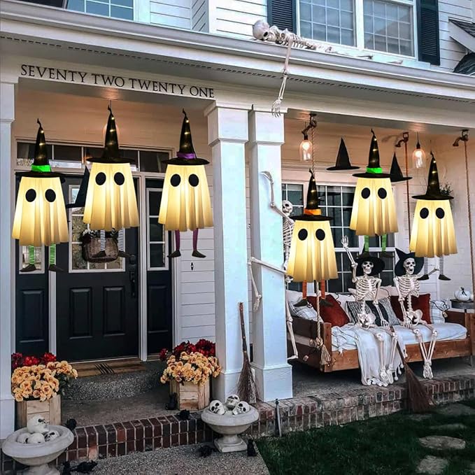 Set of 4 Halloween Hanging Ghosts, Halloween Decorations Outdoor Hanging Ghosts with Witch Hat,Glowing Ghost Witch Hat Lights, Light up Ghost Decor for Yard Patio Garden Tree Outside(4 Ghost Lighted)