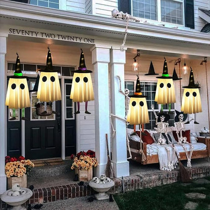 Set of 4 Halloween Hanging Ghosts, Halloween Decorations Outdoor Hanging Ghosts with Witch Hat,Glowing Ghost Witch Hat Lights, Light up Ghost Decor for Yard Patio Garden Tree Outside(4 Ghost Lighted)
