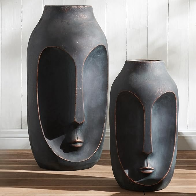 Wallowa Large Statue & Set of 2 Artificial Stone Figures, 28"-20" Modern Art Sculptures for Home, Porch, Backyard & Living Room Decor, Bronze