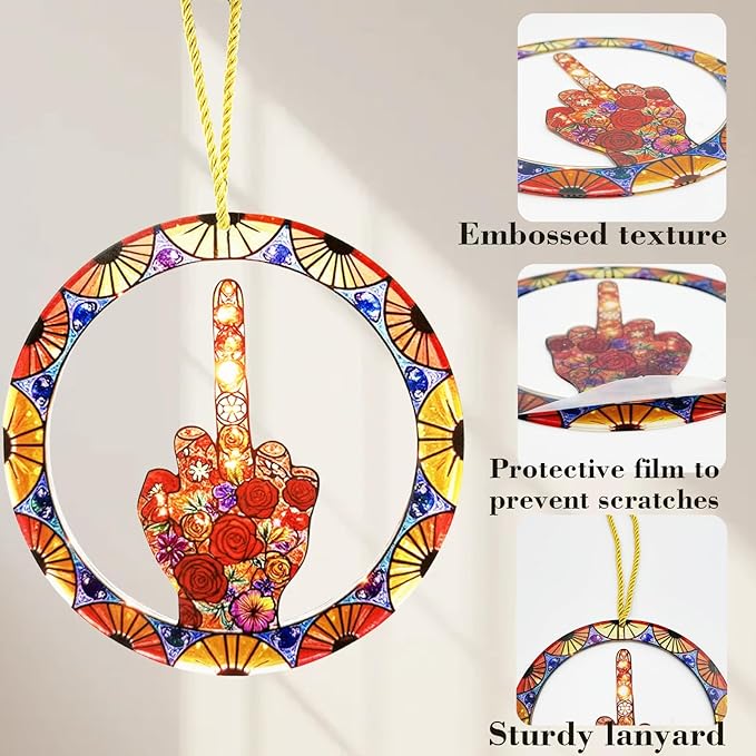 Middle Finger Suncatcher Color Stained Glass Window Hanging, Handmade Acrylic Funny Light Sun Catcher Indoor Outdoor Wall Hanger Ornament, Hand-Painted Glass Panel Decor for Home Office (E)