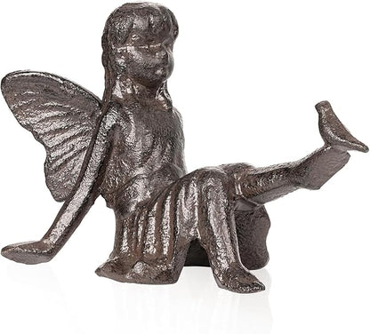 Sungmor Cast Iron Fairy Statue,3.4" Vintage Black Brown Garden Figurine,Rustic Indoor Outdoor Desk Ornament for Patio,Bookshelf Decor