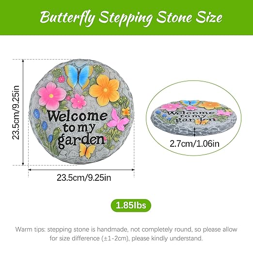 Stepping Stone for Garden Decor, Butterfly Flowers Welcome to My Garden Decorative Paving Stones for Patio Landscape Yard Walkway Path Sculpture Art, Outdoor or Indoor Home Decoration (Floral)
