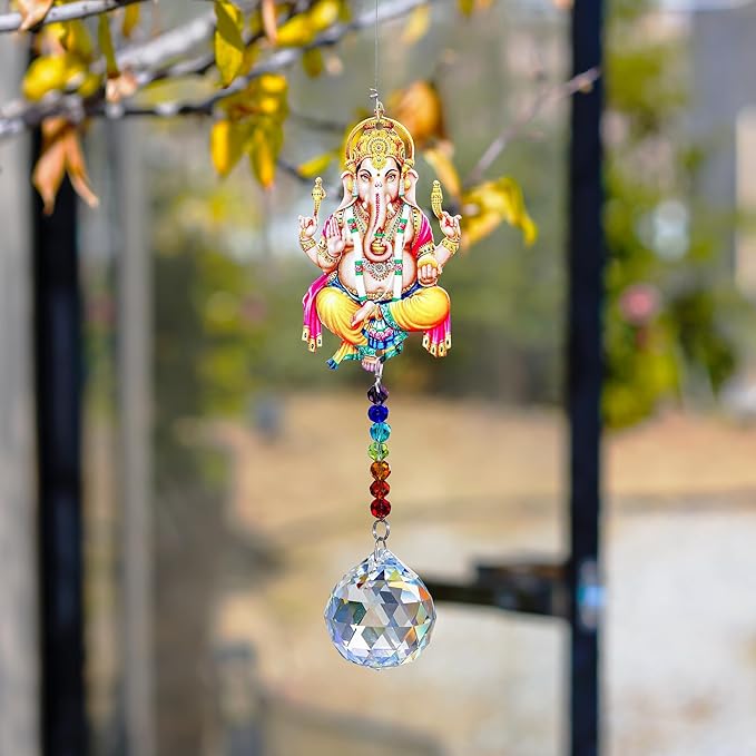 8inch Elephant God Prism Suncatcher Hindu Ganesha Protection Charm Decor Window Garden Wall Hanging Crystal Pendant for Christmas Tree