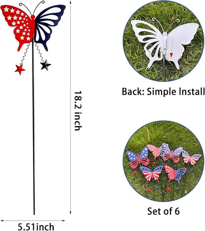 6 Pcs 4th of July Decorations Outdoor,18.2" Red White Blue Metal Butterfly Decorative Garden Stakes for Independence Day,Americana Patriotic Yard Signs Decor for Garden Lawn Porch