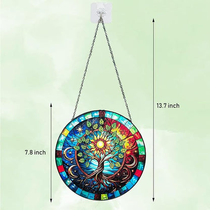 Tree of Life Stained Glass Window Hanging, 7.8" Hand-Painted Sun Catcher Glass Panel Wall Art Decor with Chain, Tree of Life Gifts for Women Mom Grandma, Outdoor Indoor Art Decor for Home Garden