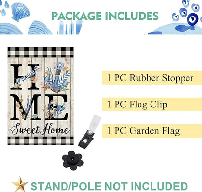 ORTIGIA Beach Garden Flag 12.5 x 18 Inch Double Sided Burlap Home Sweet Home Blue Anchor Starfish Seashell Coastal Ocean Small Yard Flag Summer Holiday Seasonal Outdoor Outside Decoration