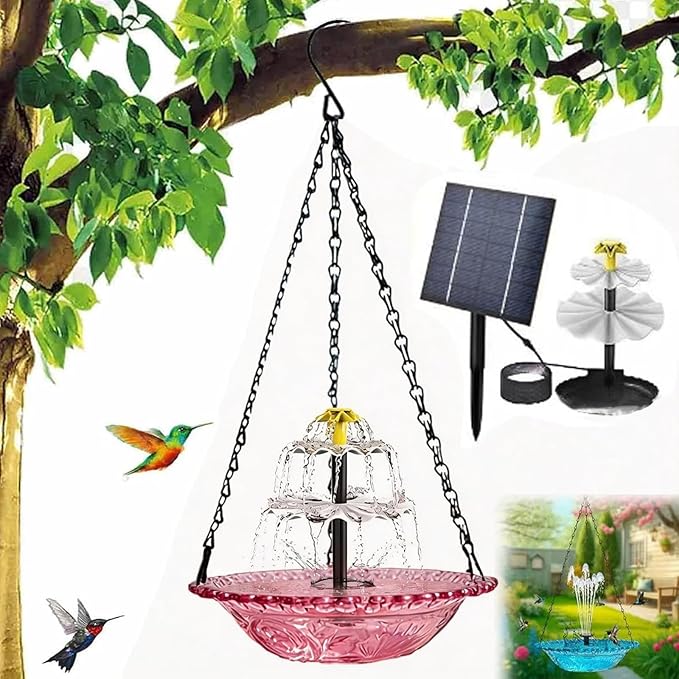 Solar Powered Hanging Bird Bath Fountain, Hanging Bird Bath Fountains Solar Power, Solar Cascade Hanging Birdbath, Tiered Cascade Solar Water Fountains (A Pink)