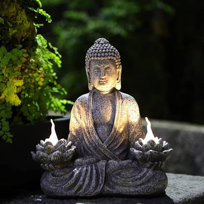 IVCOOLE Buddha Statue Zen Sculpture 11.4in Yoga Garden Decor with LED Solar Lotus Lights, Sitting Meditating Buddha Serene Resin Figurine for Patio Yard Lawn Ornaments,Inside or Outside