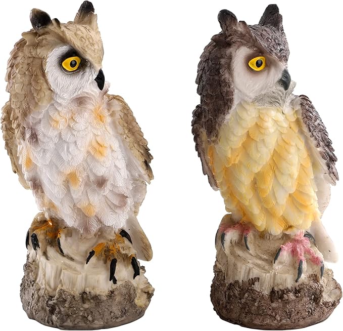 DEAYOU 2 Pack Fake Horned Owl Statues, 7" Tall Small Resin Owl Sculpture, Artificial Owl Figurines for Garden, Vivid Faux Outdoor Owls for Ornament, Yard, Indoor Decor, Home (White, Black)