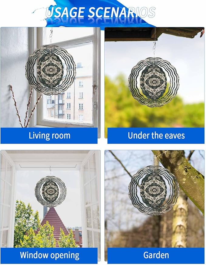 Stainless Steel Wind Spinner for Yard Garden Decoration, Dark Green Ethnic Beige Floral Retro Print Round Wind Sculpture Spinner 3D Crafts Hanging Ornaments for Indoor Outdoor, 8 Inch