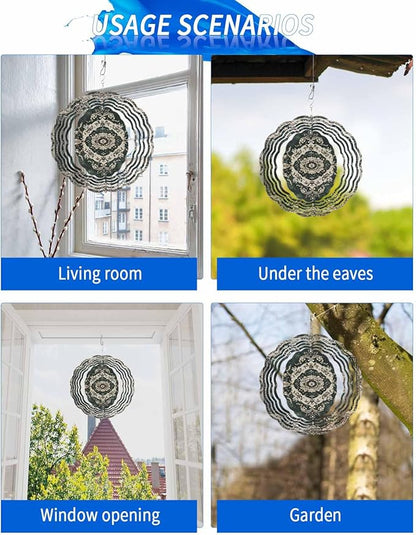 Stainless Steel Wind Spinner for Yard Garden Decoration, Dark Green Ethnic Beige Floral Retro Print Round Wind Sculpture Spinner 3D Crafts Hanging Ornaments for Indoor Outdoor, 8 Inch