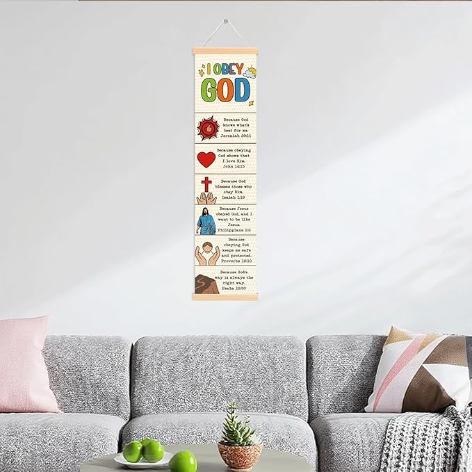 Rustic Canvas Hanging Banner, I Obey God Poster, Bible Story Poster, Wall Decor Art, Religious Artwork Banner Gift for Kids, Family Hanging of Scripture and Words Decorations 11