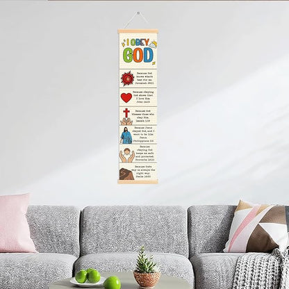 Rustic Canvas Hanging Banner, I Obey God Poster, Bible Story Poster, Wall Decor Art, Religious Artwork Banner Gift for Kids, Family Hanging of Scripture and Words Decorations 11