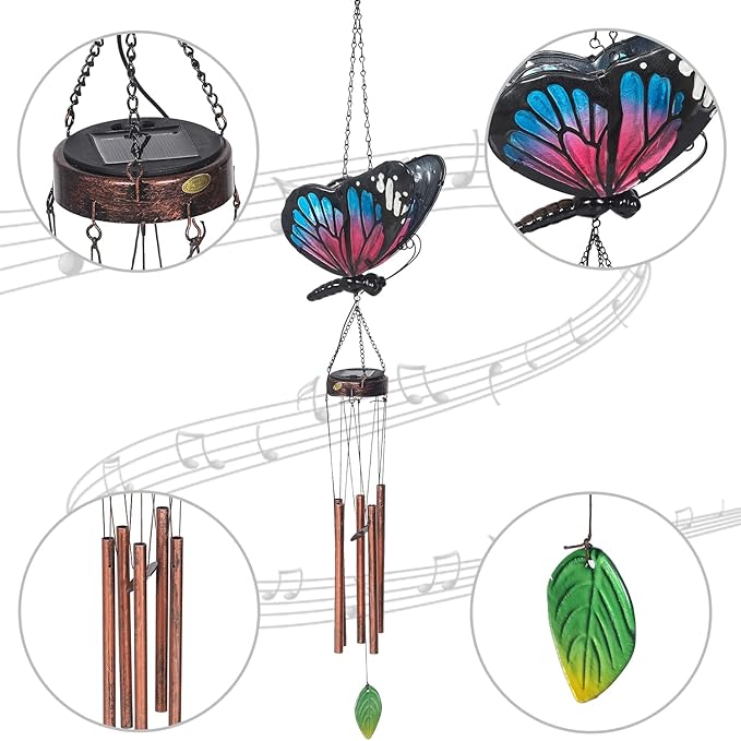 Asense Hanging Wind Chimes for Outside, Solar Powered LED Lights Butterfly Wind Chime, Outdoor Garden Lawn Yard Patio Decoration, Unique Decor Gifts