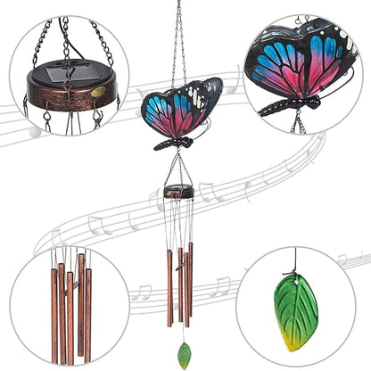 Asense Hanging Wind Chimes for Outside, Solar Powered LED Lights Butterfly Wind Chime, Outdoor Garden Lawn Yard Patio Decoration, Unique Decor Gifts