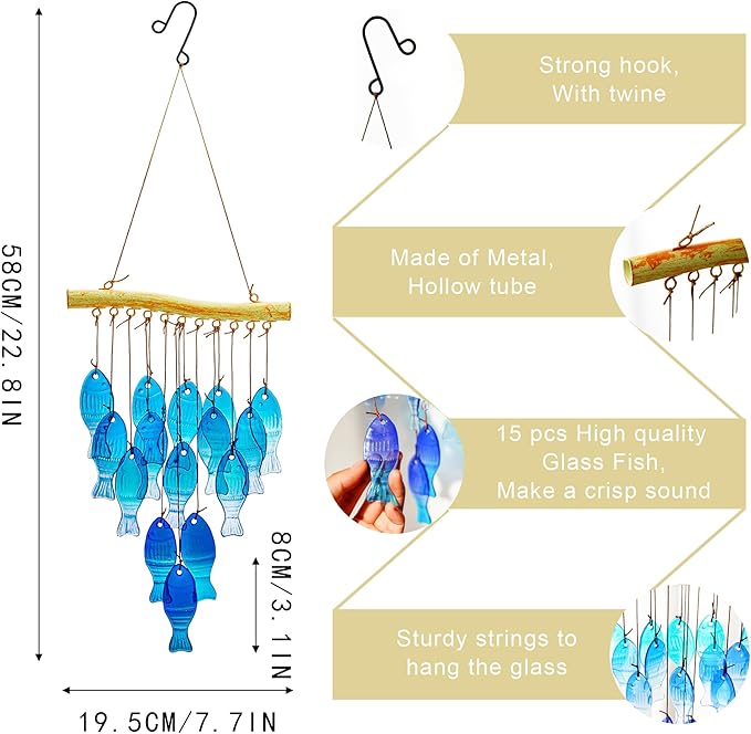 H&D HYALINE & DORA 23" Blue Glass Sea Wind Chimes - Handcrafted Fish Wind Chimes for Outside, Beach Party & Wedding Decor