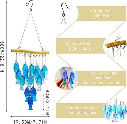 H&D HYALINE & DORA 23" Blue Glass Sea Wind Chimes - Handcrafted Fish Wind Chimes for Outside, Beach Party & Wedding Decor