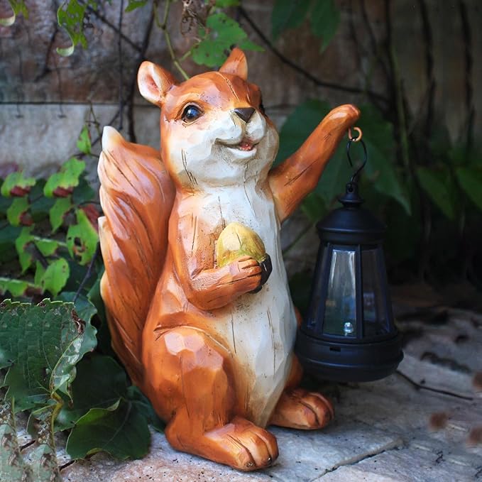 Garden Statue Outdoor,Solar Squirrel Decor Lights,Resin Figurine Squirrel with Solar Light for Patio,Balcony,Yard,Lawn Ornament,Perfect Garden Gift(Squirrel 1)