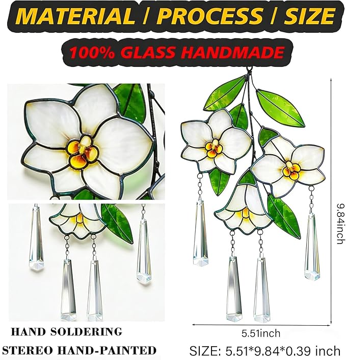 Stained Glass Flower Suncatcher for Window, Handmade Tropical Plumeria Hanging with Crystal Prisms, White Floral Window Decor, Sun Catcher Gift for Women & Plant Lovers