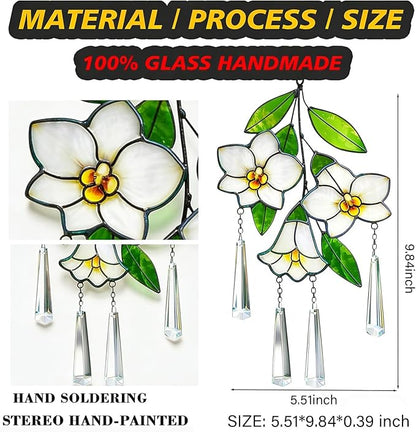 Stained Glass Flower Suncatcher for Window, Handmade Tropical Plumeria Hanging with Crystal Prisms, White Floral Window Decor, Sun Catcher Gift for Women & Plant Lovers