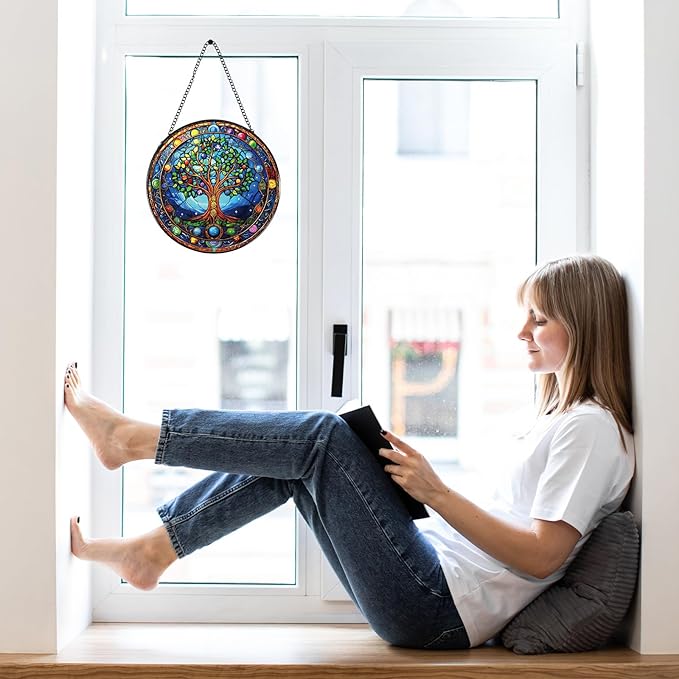 Rngmsi Tree of Life Stained Glass Window Hanging Gifts, 7.8″ Sun Catchers for Indoor Window Decor, Decorative Sun Catchers Home Wall Art Gift for Thanksgiving Christmas Housewarming