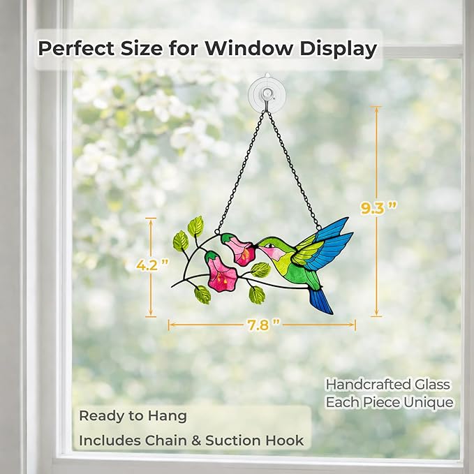Hummingbird Stained Glass Suncatcher, Handmade Colorful Window Hanging Sun Catcher Ornament for Home & Garden Decor, Great Gift Idea for Bird Lovers & Mom